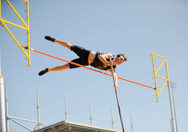 Sequim’s Liam Byrne clears an early height in the pole vault at last week’s class 2A state track and field finals. Byrne topped 12-6 in his first state meet. Sequim Gazette photos by Michael Dashiell
