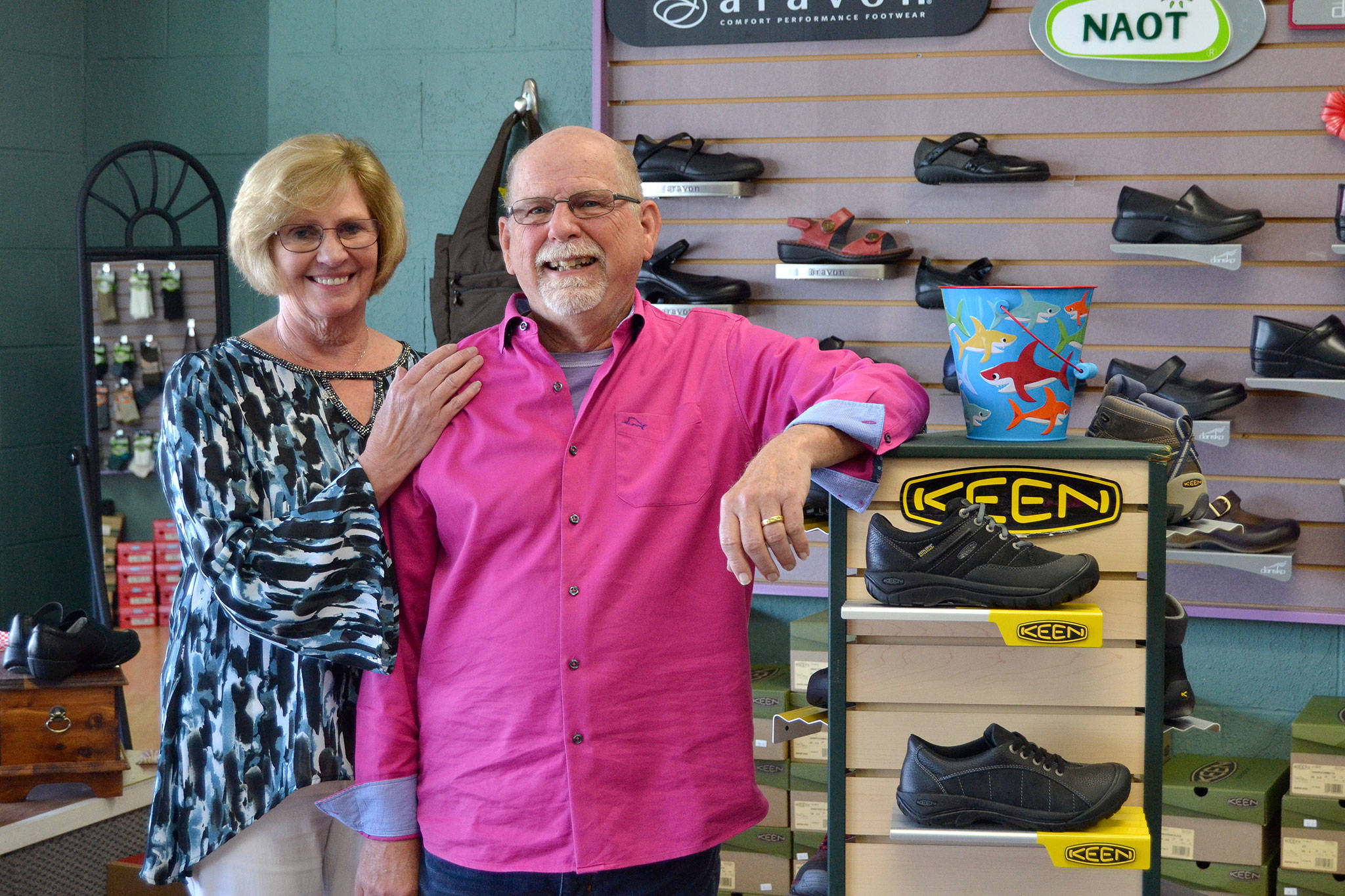 Jon and Donna Harrison celebrate 18 years of Harrison’s Comfort Footwear in Sequim starting Thursday. He opened the business in 2001 after owning and operating a shoe store in Seattle and helping various clients including professional basketball players. Sequim Gazette photos by Matthew Nash