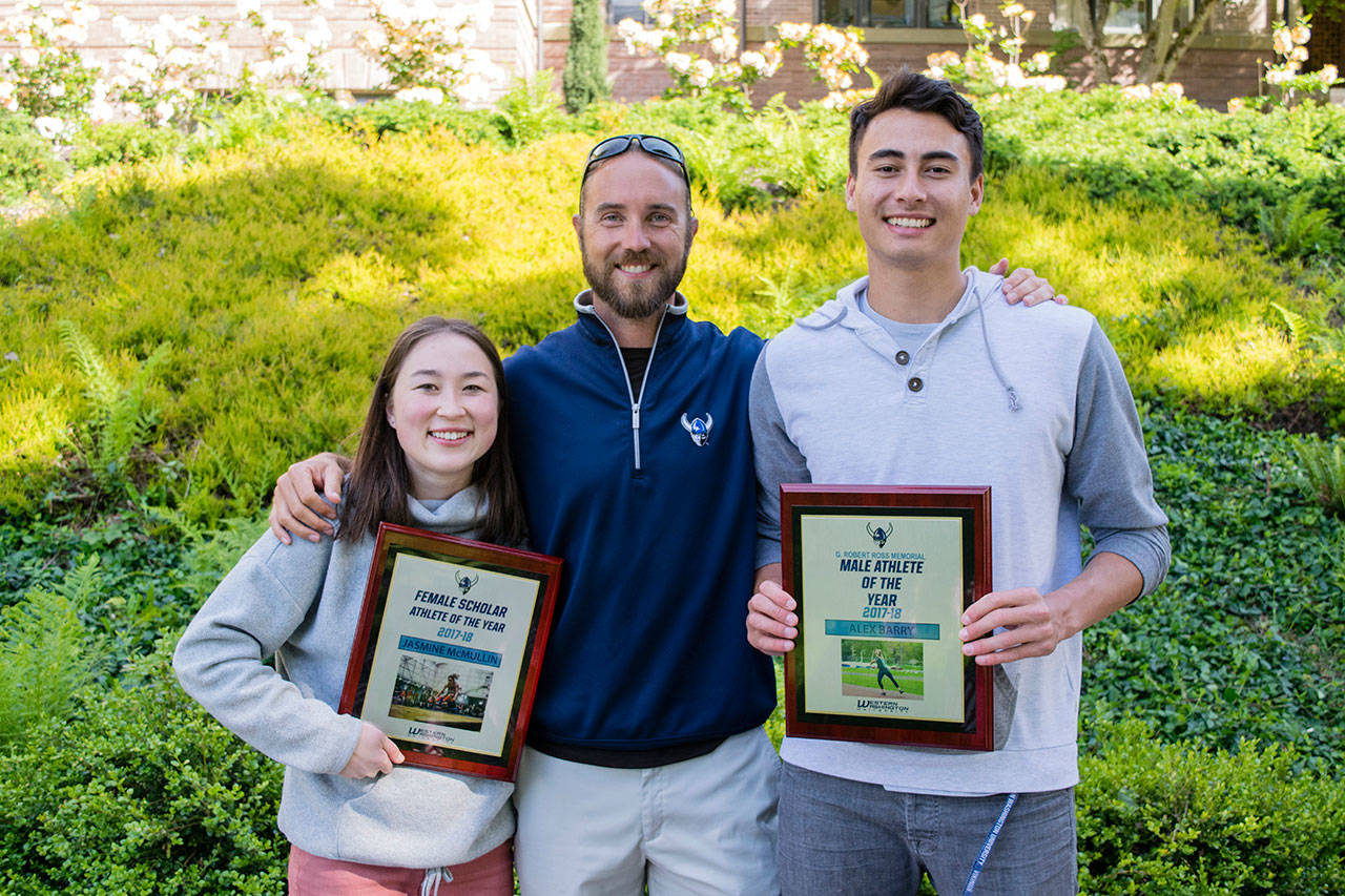 Sequim High grad Alex Barry, right, who was named WWU track’s Male Athlete of the Year, earned All-American honors at the NCAA Division II National Championships in late May, placing fourth in the javelin. Here he is pictured with Jasmine McMullin, a fellow Sequim High graduate and All-American (triple jump), and WWU assistant coach Ben Stensland — another Sequim High School graduate. Submitted photo