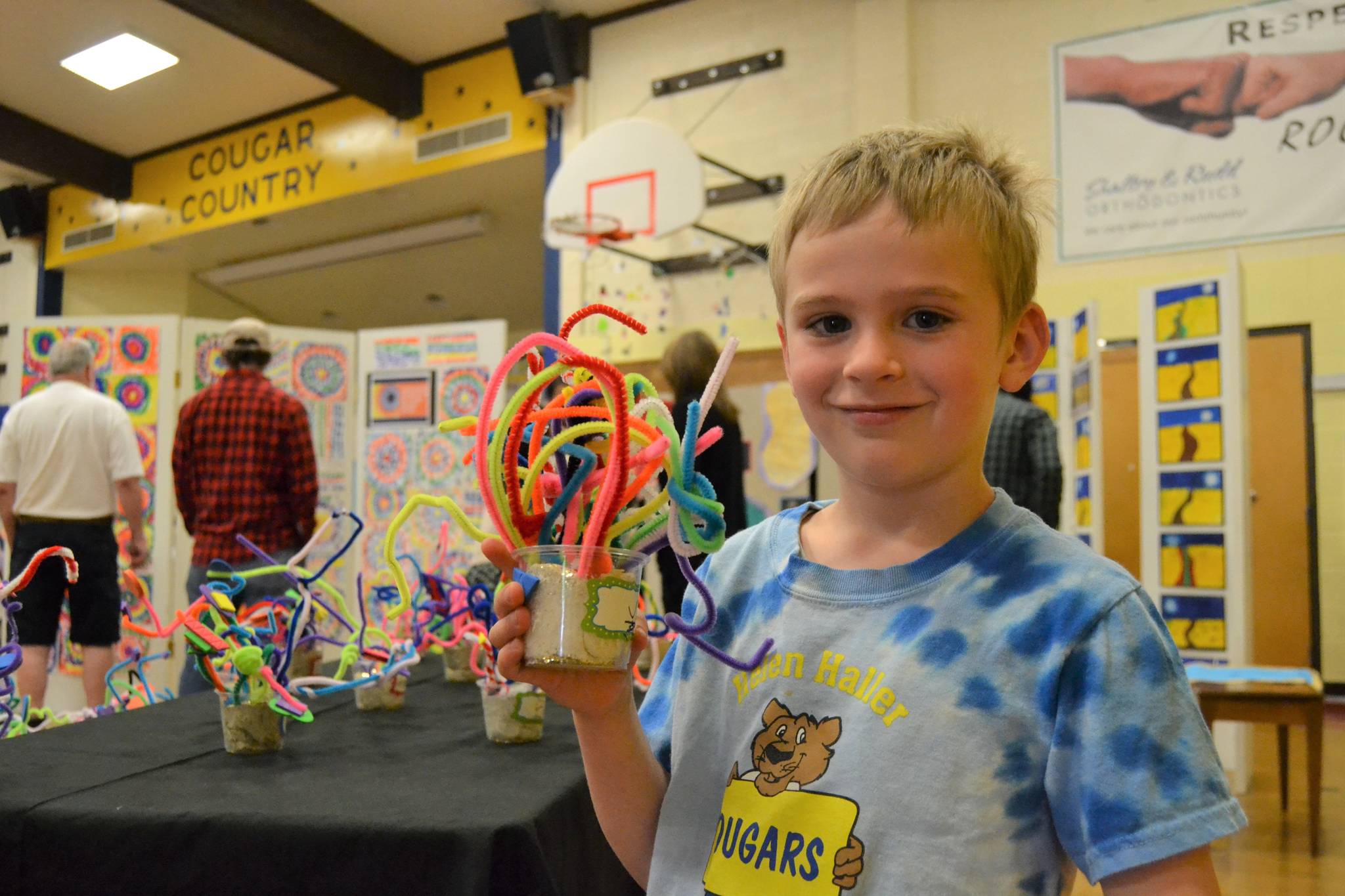 Silas Sullivan, 6, holds up his sculpture following the style of Alexander Calder. Silas worked in Stephanie Grotzke-Nash’s art class to shape and place pipe cleaners in clay to make his art just right. Sequim Gazette photos by Matthew Nash
