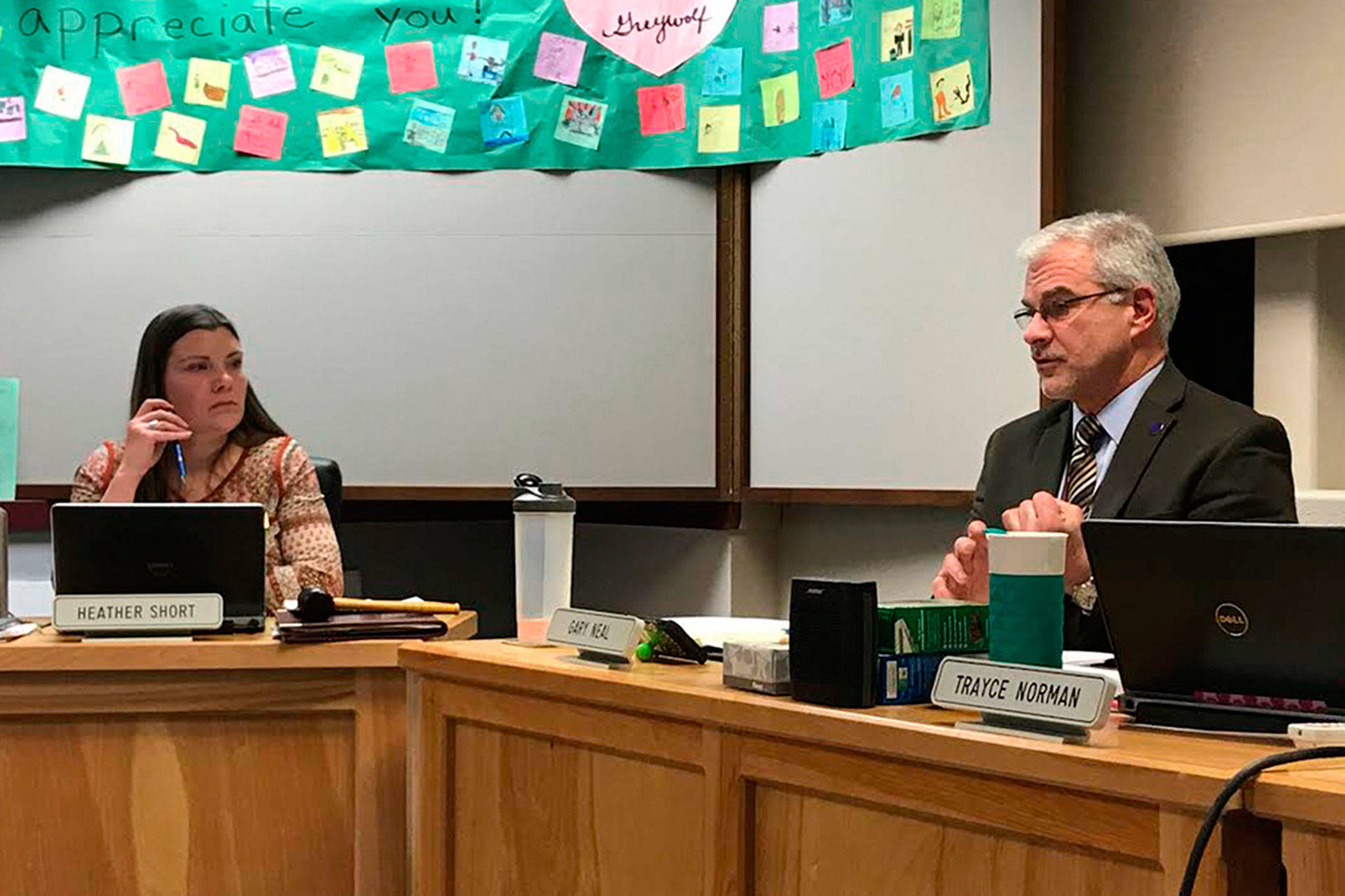 Sequim School District Board President Heather Short, left, said the board maintained Superintendent Gary Neal’s contract through 2020 but it did not roll over or extend the superintendent’s contract further. Sequim Gazette file photo by Erin Hawkins