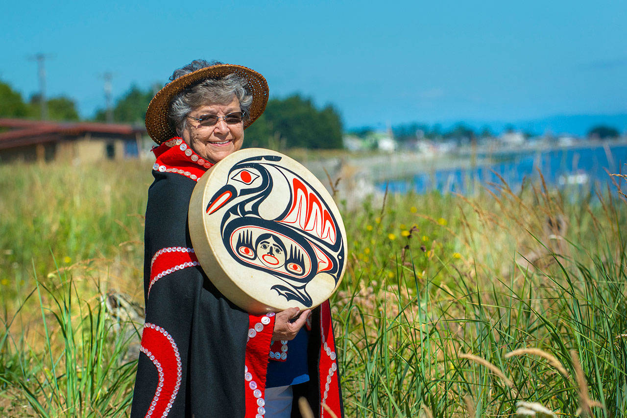 The First Peoples Fund recognized Elaine Grinnell, a prominent Jamestown S’Klallam storyteller, basketmaker and drum maker, with its 2018 Community Spirit Award. (Jesse Major/Peninsula Daily News)