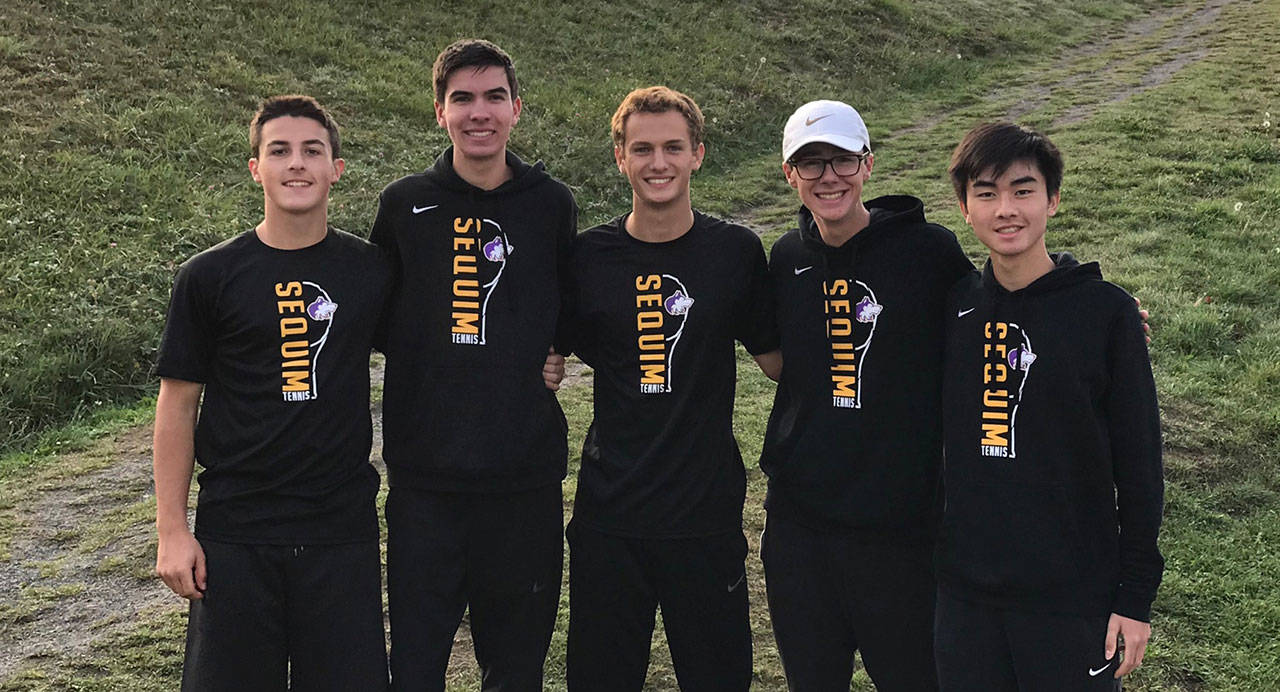 Sequim High’s boys tennis district qualifiers include, from left, Thomas Hughes, Blake Wiker, Liam Payne, Damon Little and Raymond Lam. Submitted photo