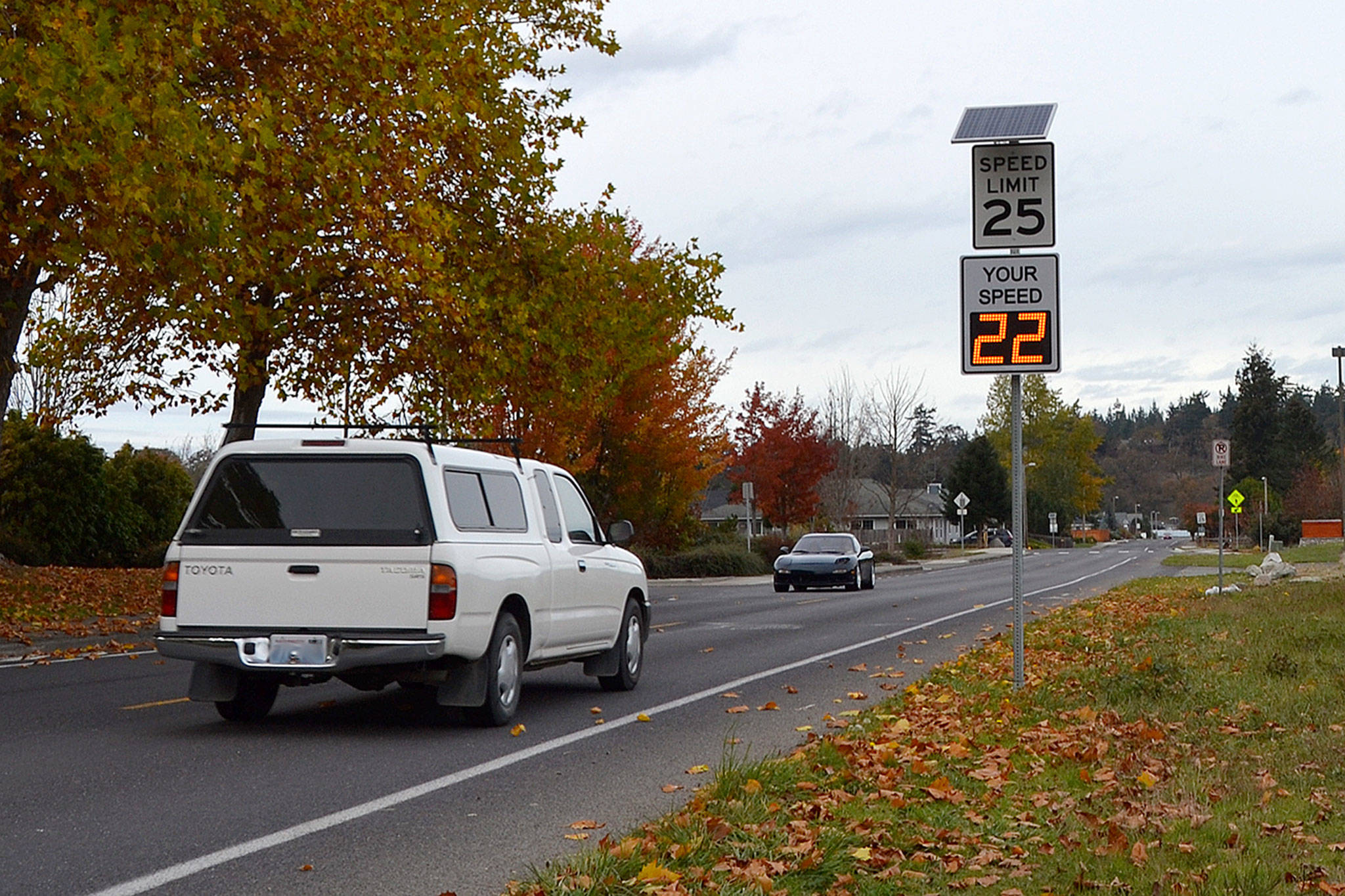 The first of 19 speed signs are up in the City of Sequim, including this sign on Blake Avenue by Carrie Blake Community Park. City of Sequim staff said a few are being installed each week. Sequim Gazette photo by Matthew Nash