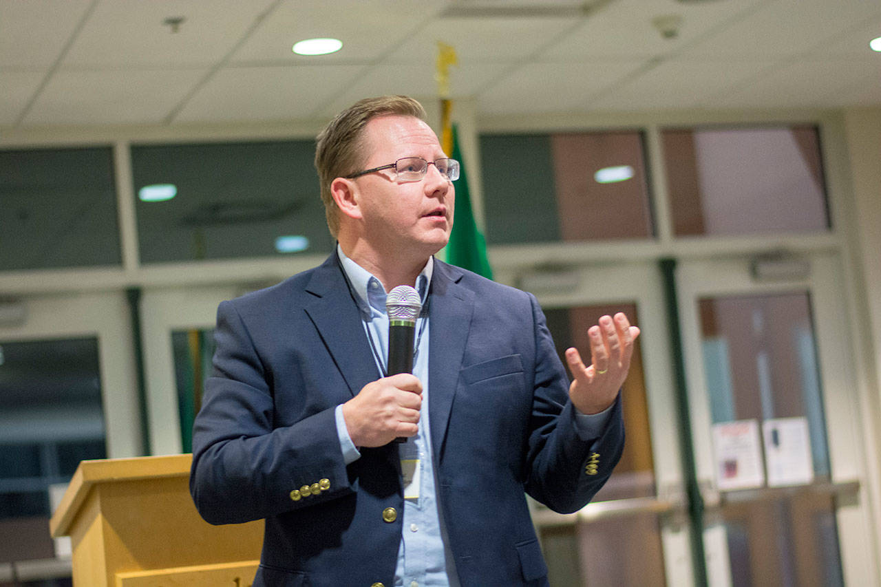 State Superintendent of Public Instruction Chris Reykdal told a crowd in Port Angeles last week he would like to see school districts have the ability to increase their local levies. Photo by Jesse Major/Peninsula Daily News