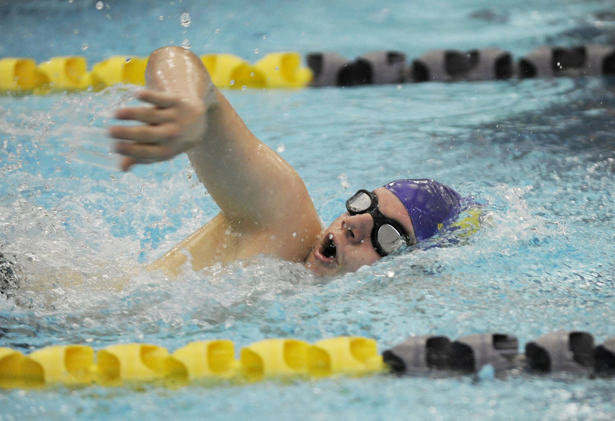 Sequim’s Kaleb Needoba, then a freshman, churns through the water in the 200 freestyle in a league meet in January 2018. Needoba is one of the Wolves’ top returners, having qualified for the 200 free and 500 free at districts last season. Sequim Gazette file photo by Michael Dashiell
