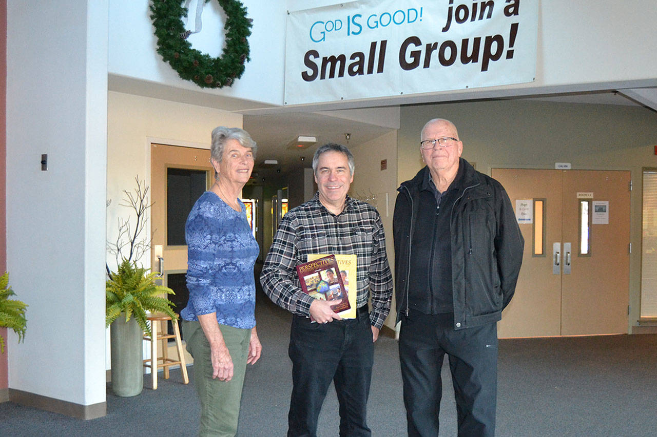 Four area churches partner to bring “Perspectives,” a 15-week non-denominational Christian course to Sequim Community Church starting Jan. 9 for an introduction and officially starting Jan. 16. Facilitators, from left, Joanne Meinzen, Associate Pastor Rick Dietzman for SCC, and Norman Hardie say the experience expands your viewpoint of God’s impact on history. Sequim Gazette photo by Matthew Nash