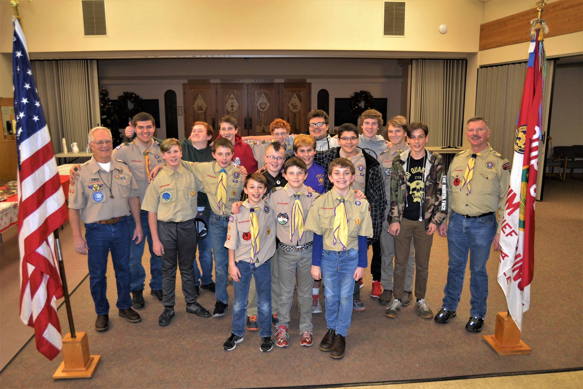 Members of Boy Scout Troop 90 in Sequim along with Scoutmaster Rene Nadon, left, and Assistant Scoutmaster Ken Smith, right, say they appreciate the support community members provided after about $9000 in camping equipment was stolen from their trailer. “The community has been phenomenal,” Nadon said. Sequim Gazette photo by Matthew Nash