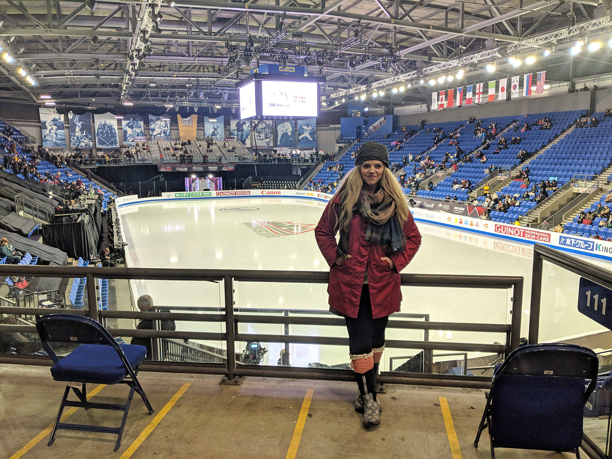 Jennifer Thomas, a Sequim composer, stands for a photo in Vancouver, B.C., during the 2018-19 Grand Prix Finals where she saw Rika Kihira of Japan skate to a first place finish. Kihira uses Thomas’ song “A Beautiful Storm” in Kihira’s free skate routine. Photo courtesy of Jennifer Thomas