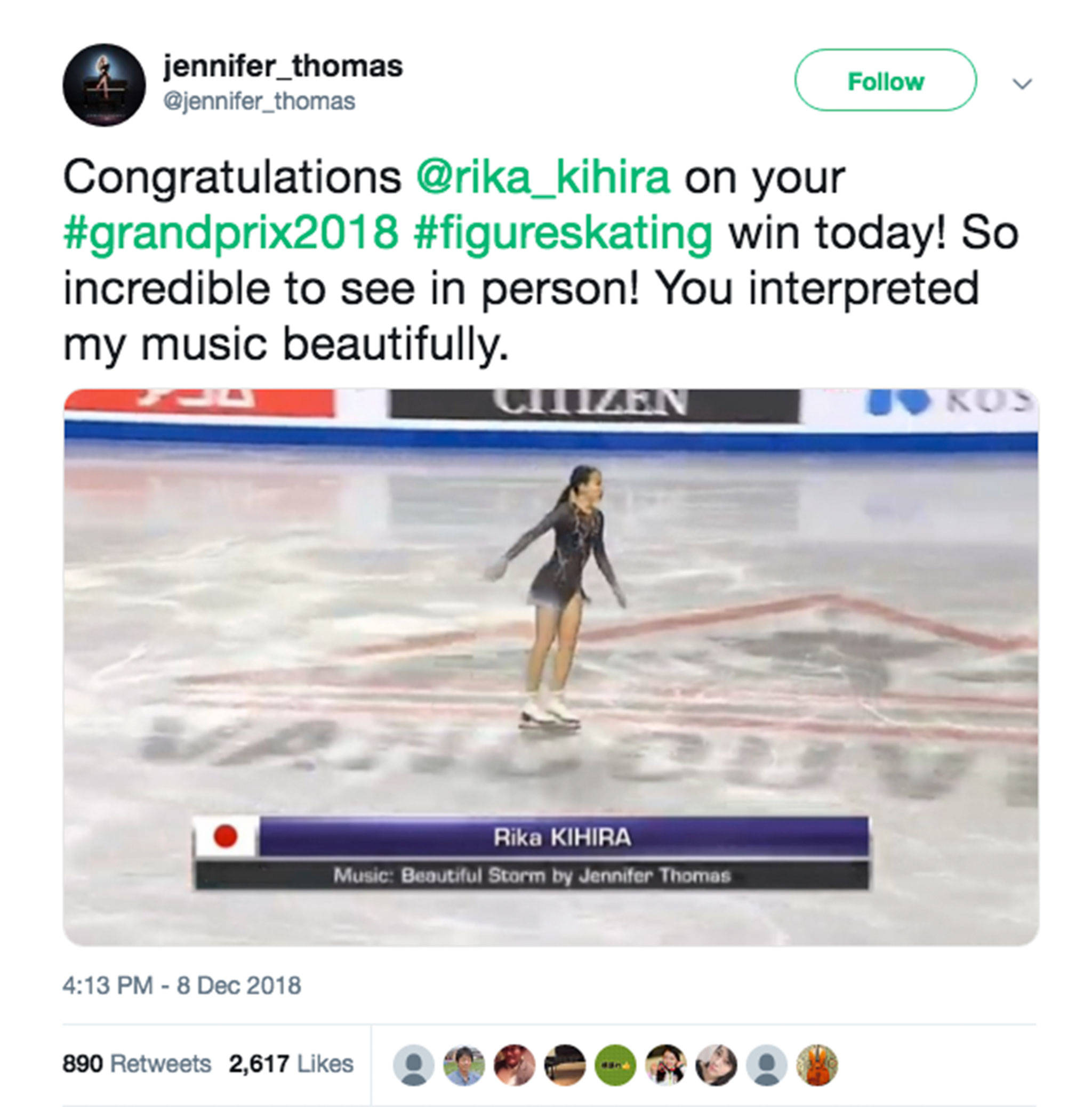Jennifer Thomas’ tweet from Dec. 8 about skater Rika Kihira winning at the Grand Prix in Vancouver, B.C., may have helped lead her to an international deal to release her music in Japan. Submitted photo