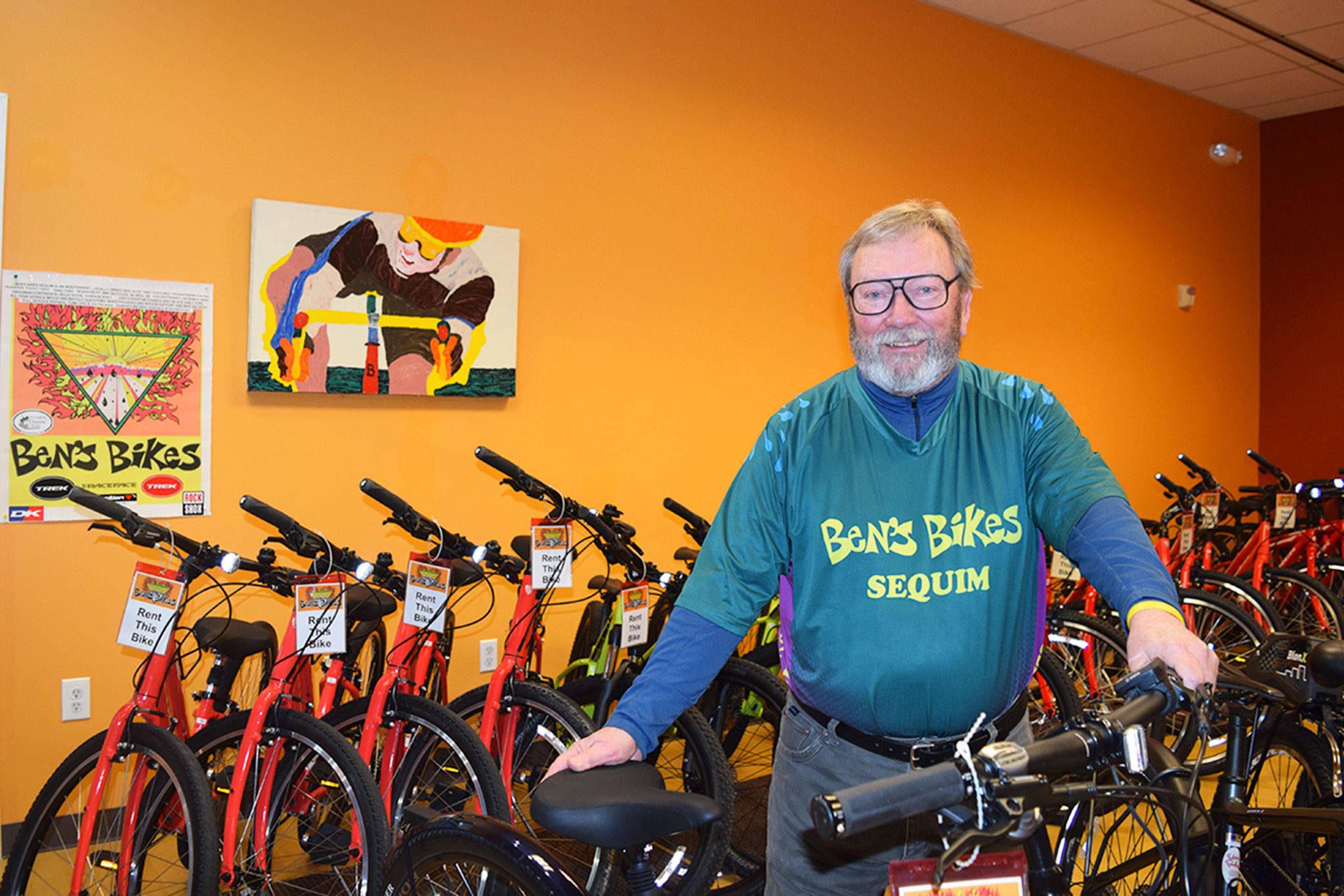 Sam Chandler, owner of Ben’s Bikes in Sequim, stands with a fleet of bikes in Fit4Life Studio’s previous space at 1245 W. Washington St. where the business plans to expand its products and services. Sequim Gazette photo by Erin Hawkins