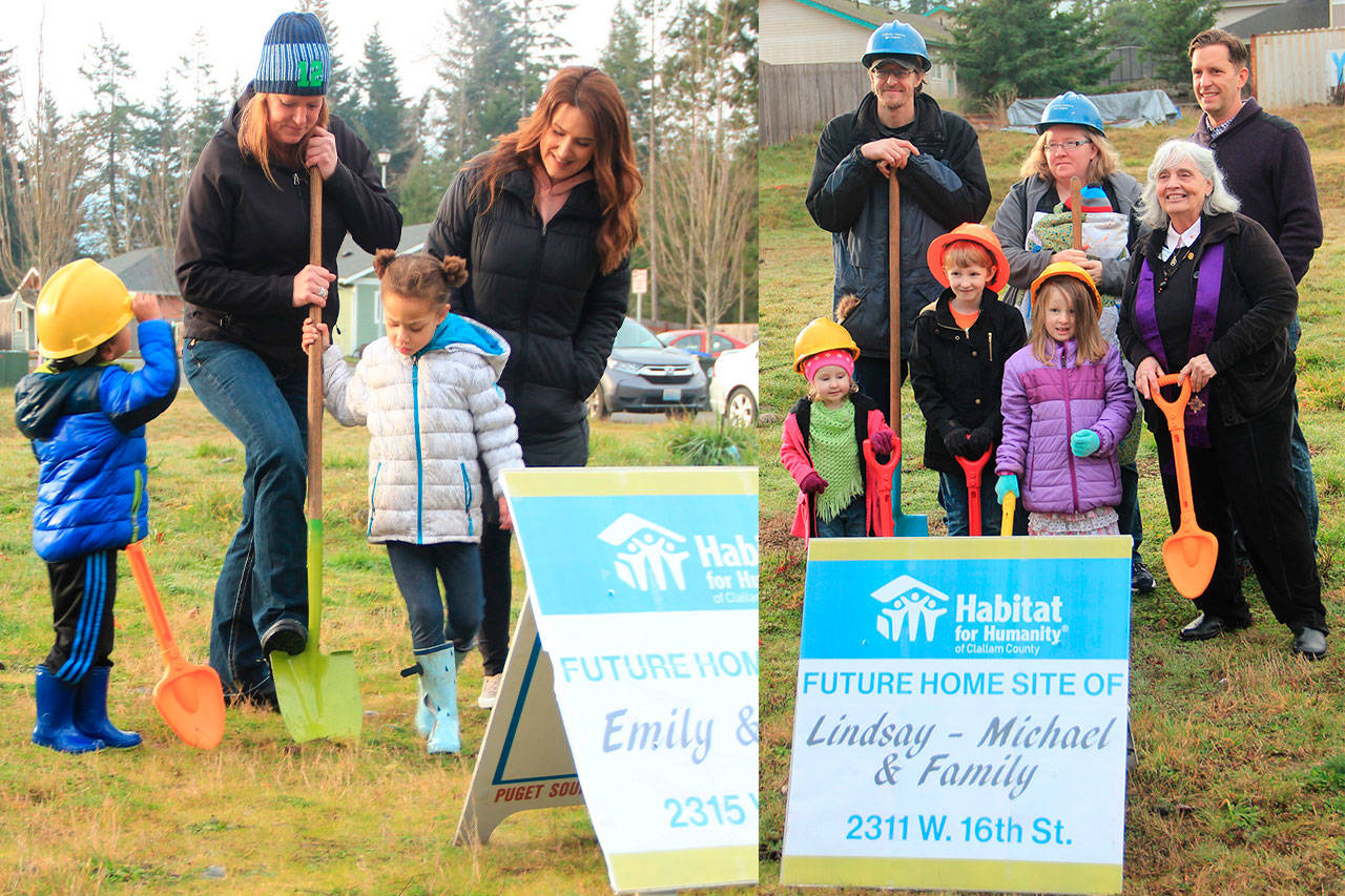 Carlsborg’s Emily Carpenter, left, with her two grandchildren, and Port Angeles’ Million family, on right, break ground on their new homes with Habitat for Humanity of Clallam County representatives on Jan. 5. The families plan to work at least 250 hours per adult on their new homes during construction. Photos courtesy of Habitat for Humanity