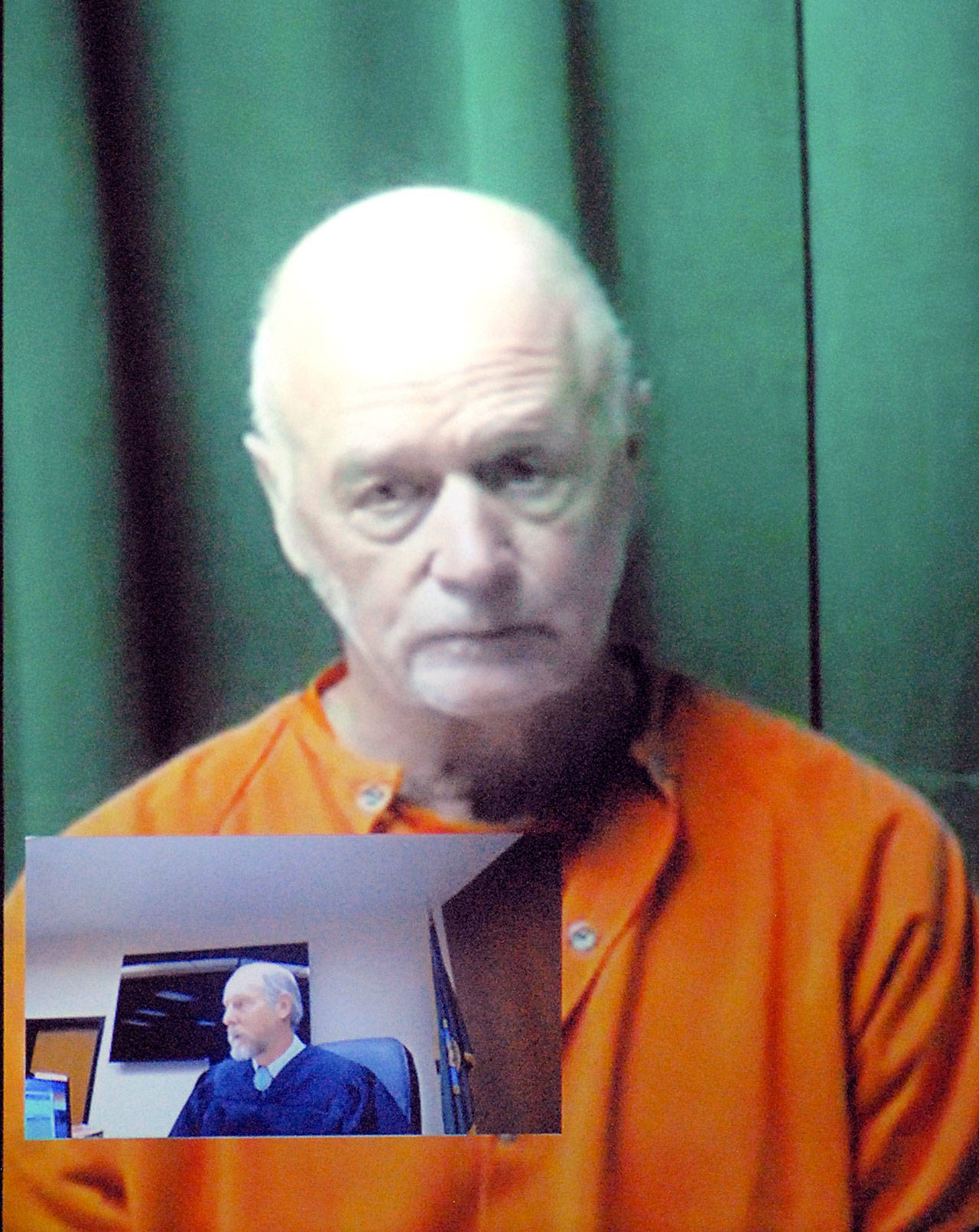 Lynn George Johnson of Sequim appears Wednesday, Feb. 6, by video link before Clallam County Superior Court Judge Brian Coughenour, shown in inset, on multiple charges of child rape and child molestation. Photo by Keith Thorpe/Peninsula Daily News