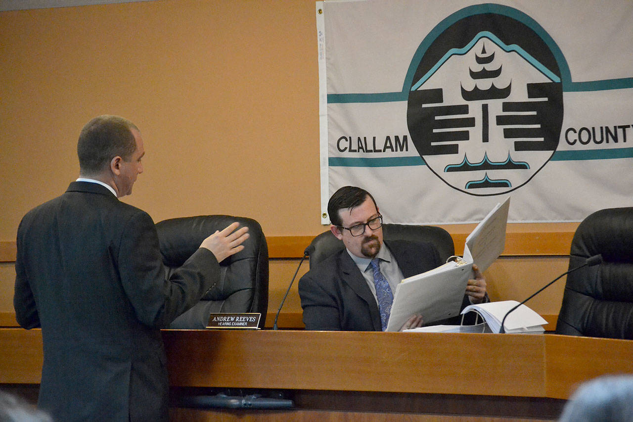 Clallam County Hearing Examiner Andrew Reeves, right, approved a 66 manufactured home development this week. Local neighbors, calling themselves Concerned Atterberry Neighbors, filed complaints on their own and through attorney Alex Sidles, on left, to stop the project for perceived issues with impact on fish habitat, traffic and much more. Sequim Gazette file photo by Matthew Nash