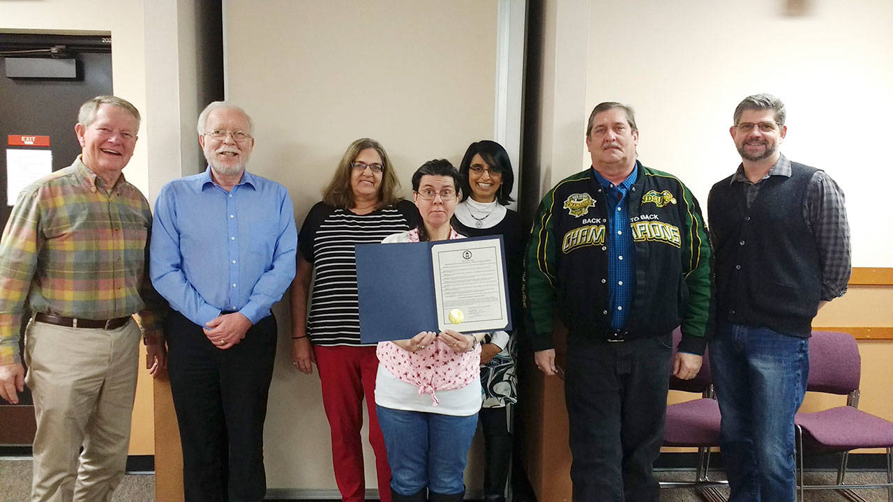 Pictured, from left, are: Clallam County Commissioner Randy Johnson; Tim Bruce, Clallam County Health and Human Services planner; Teri Wensits of Catholic Community Charities; Klara Murray, Developmental Disabilities Advisory Committee board member; Clallam Mosaic Executive Director Priya Jayadev; Wayne Bartz of Morningside; and Clallam County Commissioner Mark Ozias. Submitted photo