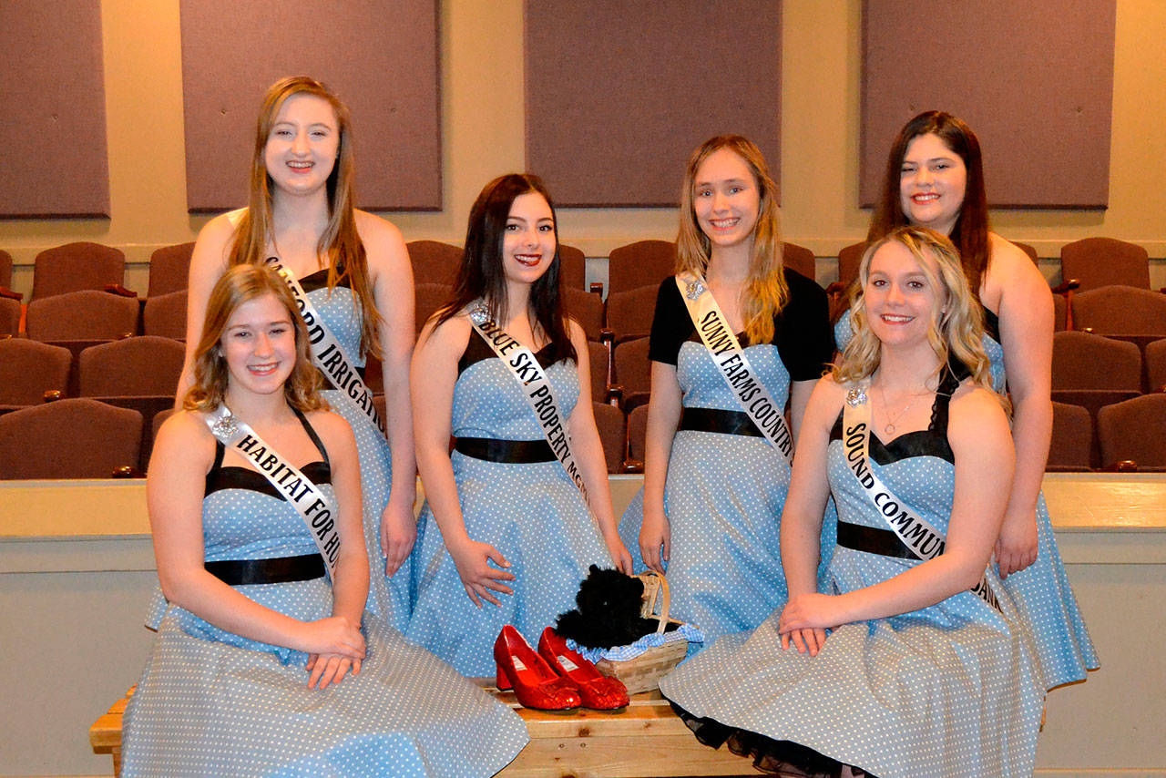 Six girls take the stage on March 14 for the Sequim Irrigation Festival Scholarship Pageant after snow delayed the event in February. Contestants for the royalty court, include, from left, Emily Silva, Brianna Cowan, Kjirstin Foresman, Erin Rosengren, Shelby Wells and Ana Benitez. Sequim Gazette photo by Matthew Nash