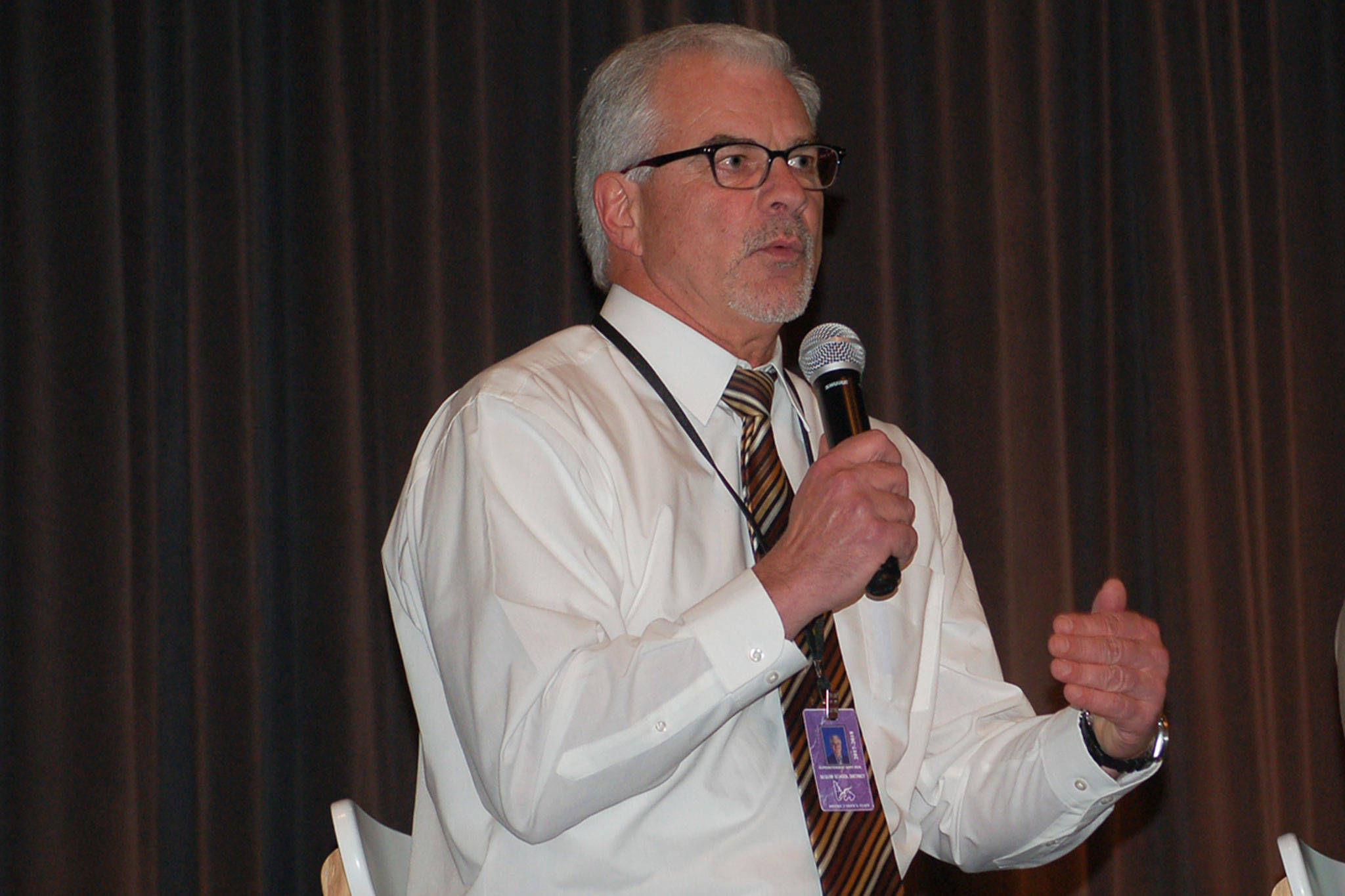 Sequim schools superintendent Gary Neal speaks at a safety forum in October 2018. Neal was one of four finalists for the lead administrative position with Hockinson School District in early March. Sequim Gazette file photo by Erin Hawkins
