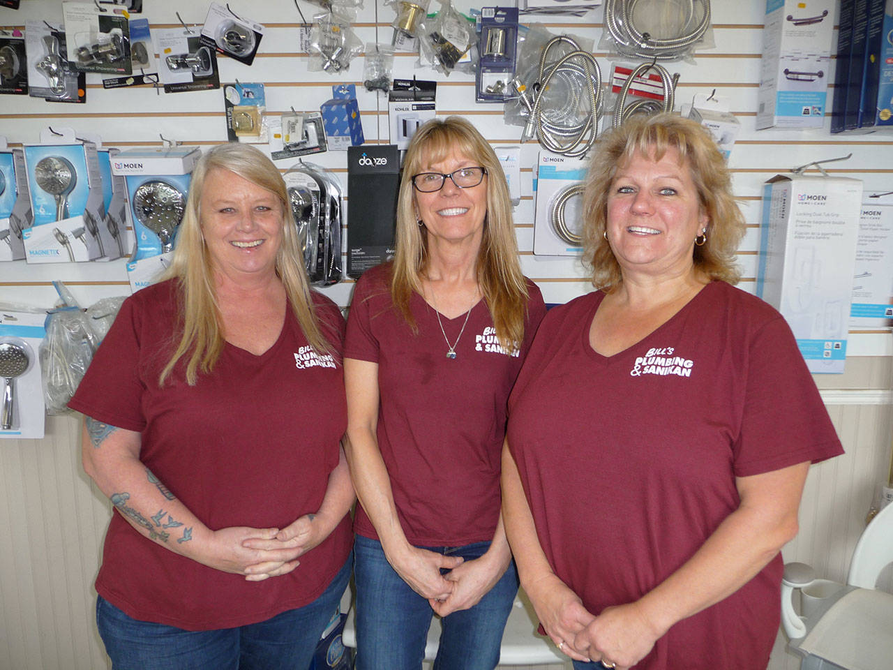 There is a wealth of knowledge in the employees at Bill’s Plumbing Sanikan. From left are Nancy Coon, co-owner Judy Kilmer and manager Karen Lewis. Sequim Gazette photos by Patricia Morrison Coate