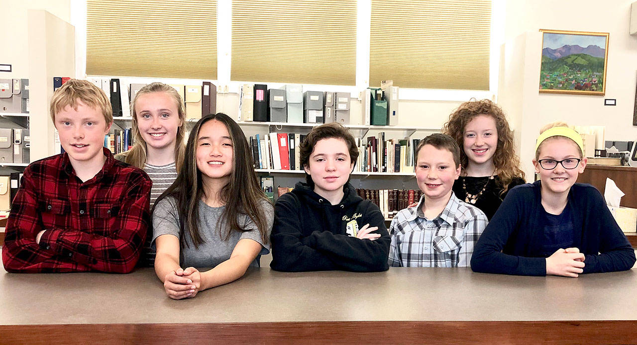 Student candidates for 2019 Hands on History scholarships are, from left, Peter Zelenka, Maizie Tucker, Abby Sanders, Talia Anderson, Ethan Jolly, Eva Jolly, Celbie Karjalainen. Missing are Aiden Gale and Hannah Anderson. Submitted photo