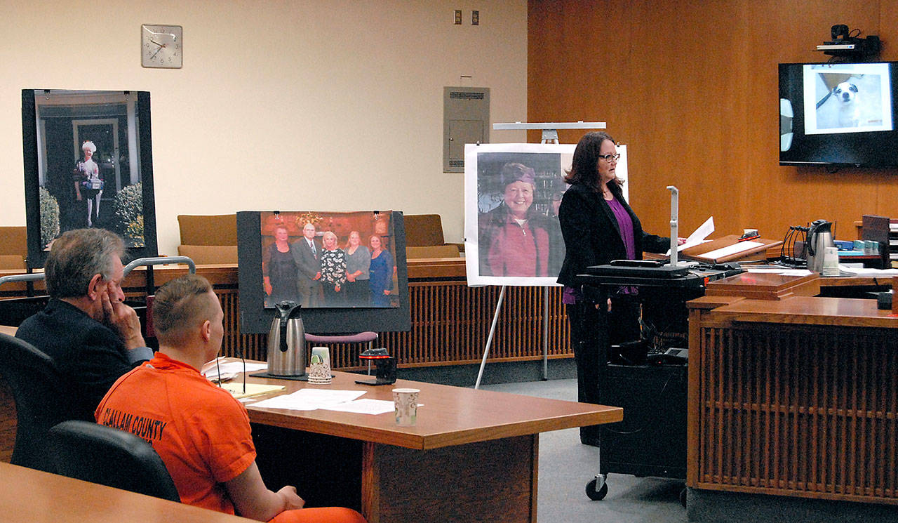 Benjamin G. Bonner, seated, sits with attorney John Hayden, left, as Clallam County chief criminal deputy prosecuting attorney Michele Devlin reads a narrative describing the death of Cynthia Little of Sequim and her dog, Jack, during Bonner’s sentencing Tuesday in Clallam County Superior Court in Port Angeles. Photo by Keith Thorpe/Peninsula Daily News