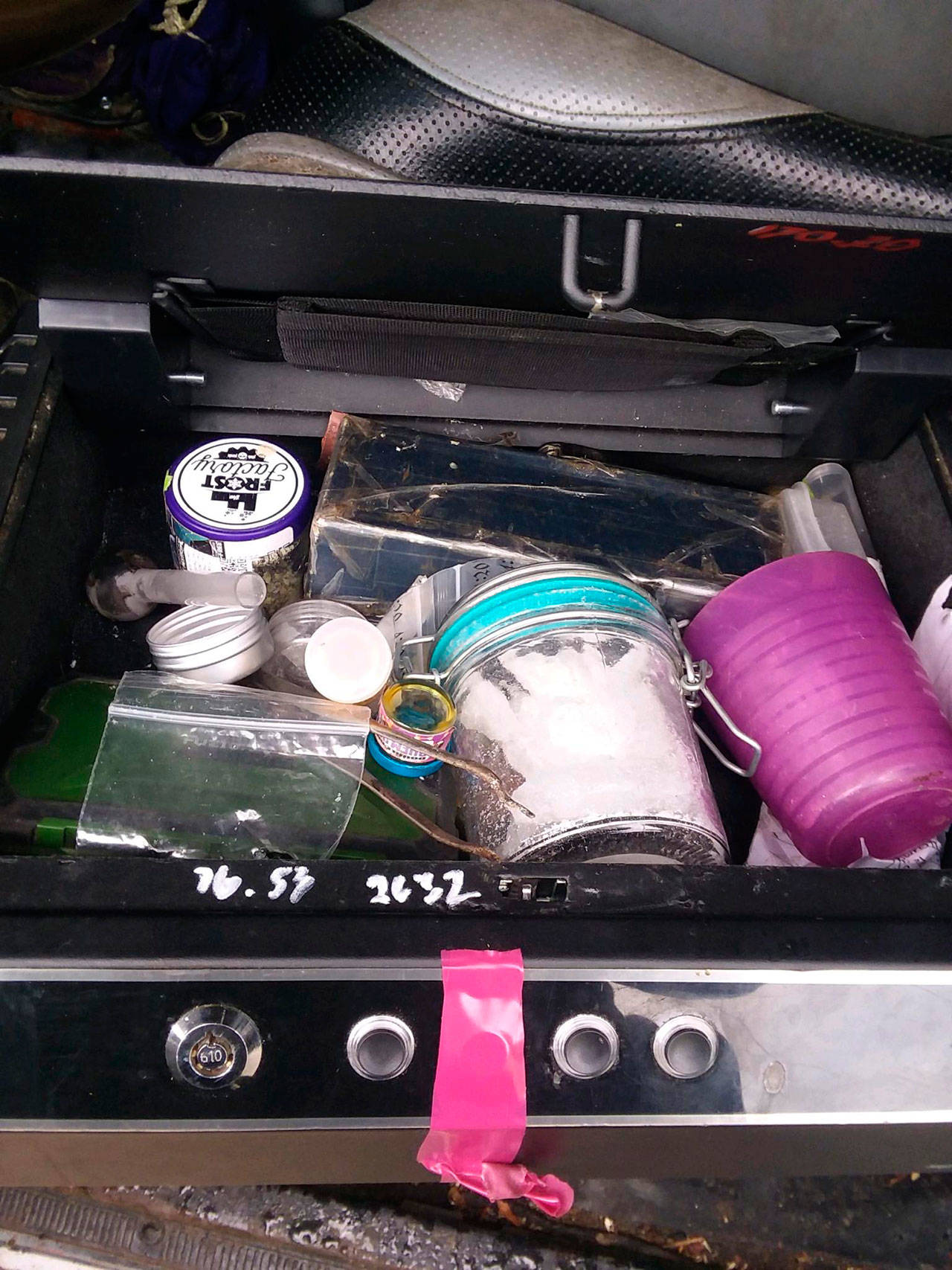 Authorities say they found drugs and drug paraphernalia in a lock box in Baylee B. Nelson’s truck. Photo courtesy of Clallam County Sheriff’s Office
