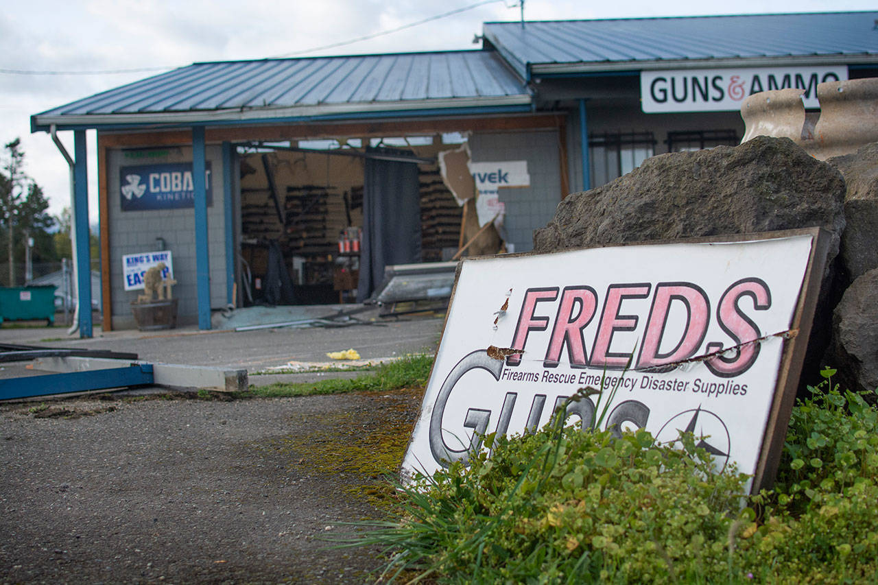 A thief used heavy equipment to break into FREDS guns and steal multiple firearms late Saturday. (Jesse Major/Peninsula Daily News)