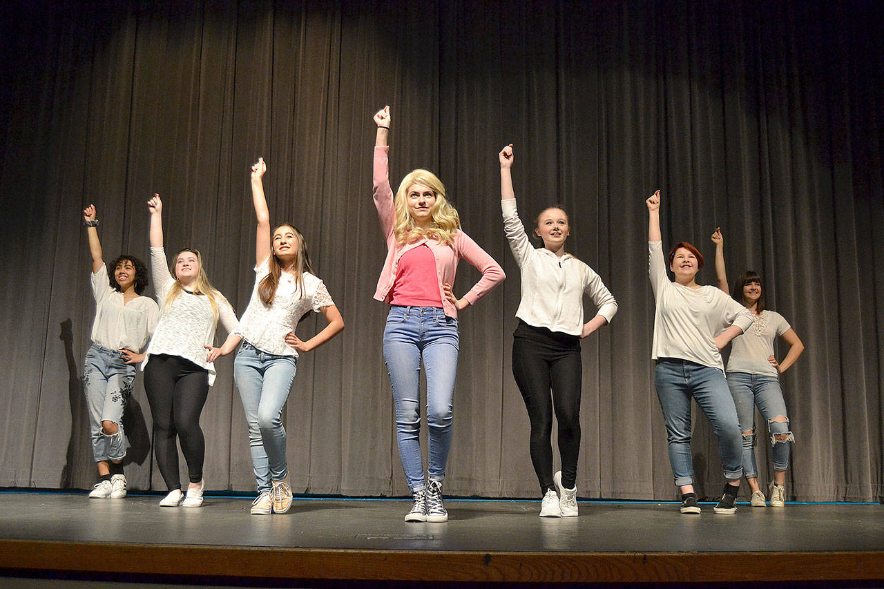 With support from her Delta Nu sorority sisters, Elle Woods, played by Maddy Dietzman, center, decides to enroll in Harvard Law School to pursue her ex-boyfriend. She’s supported by her sorority sisters in “Legally Blonde” the musical, from left, Charlie Briggs, Bri Rocha, Kariya Johnson, Lindsey Coffman, Makayla Alle and Brianna Jack. Sequim Gazette photo by Matthew Nash