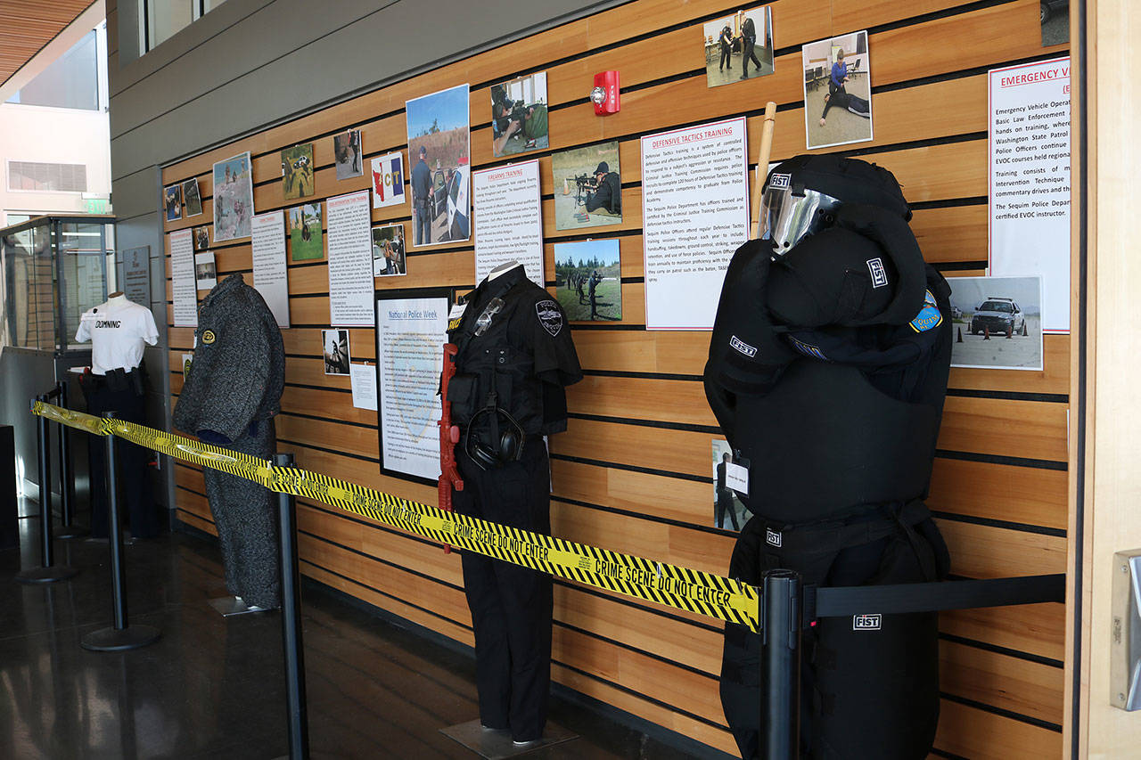 An exhibit, created by Sequim Police officers and featuring the training programs of the Sequim Police Department, is on display at the Sequim Civic Center, 152 W. Cedar St., now through May 29. Photo courtesy of the City of Sequim.