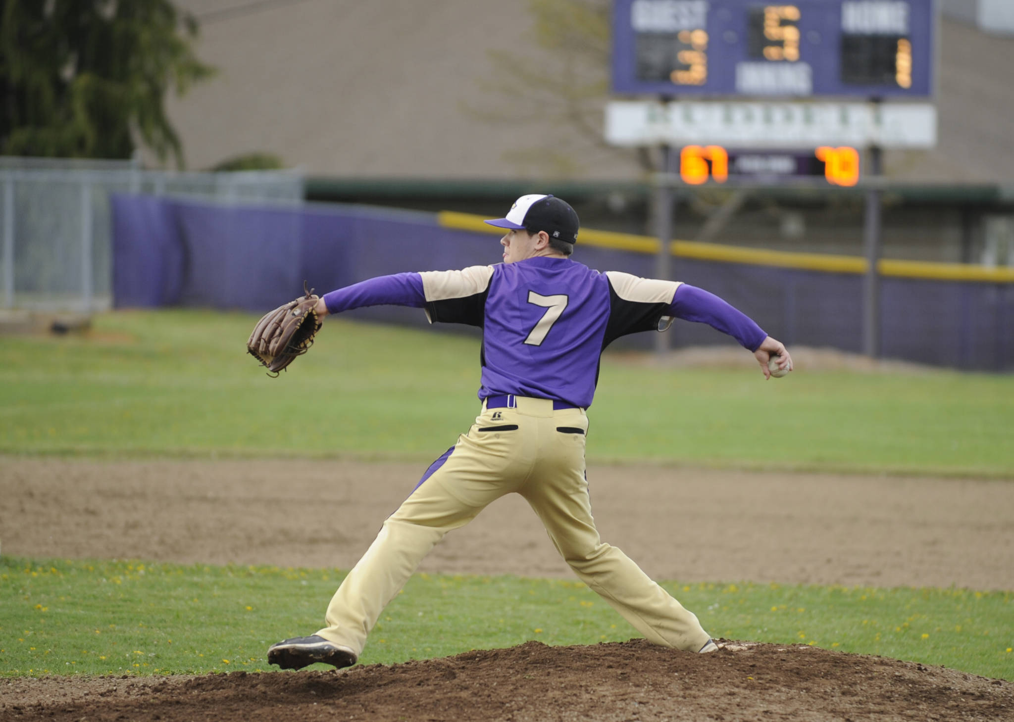 Sequim’s Silas Thomas pitches against the Port Angeles Roughriders in the Wolves’ 7-1 loss on April 19. Sequim Gazette photo by Michael Dashiell