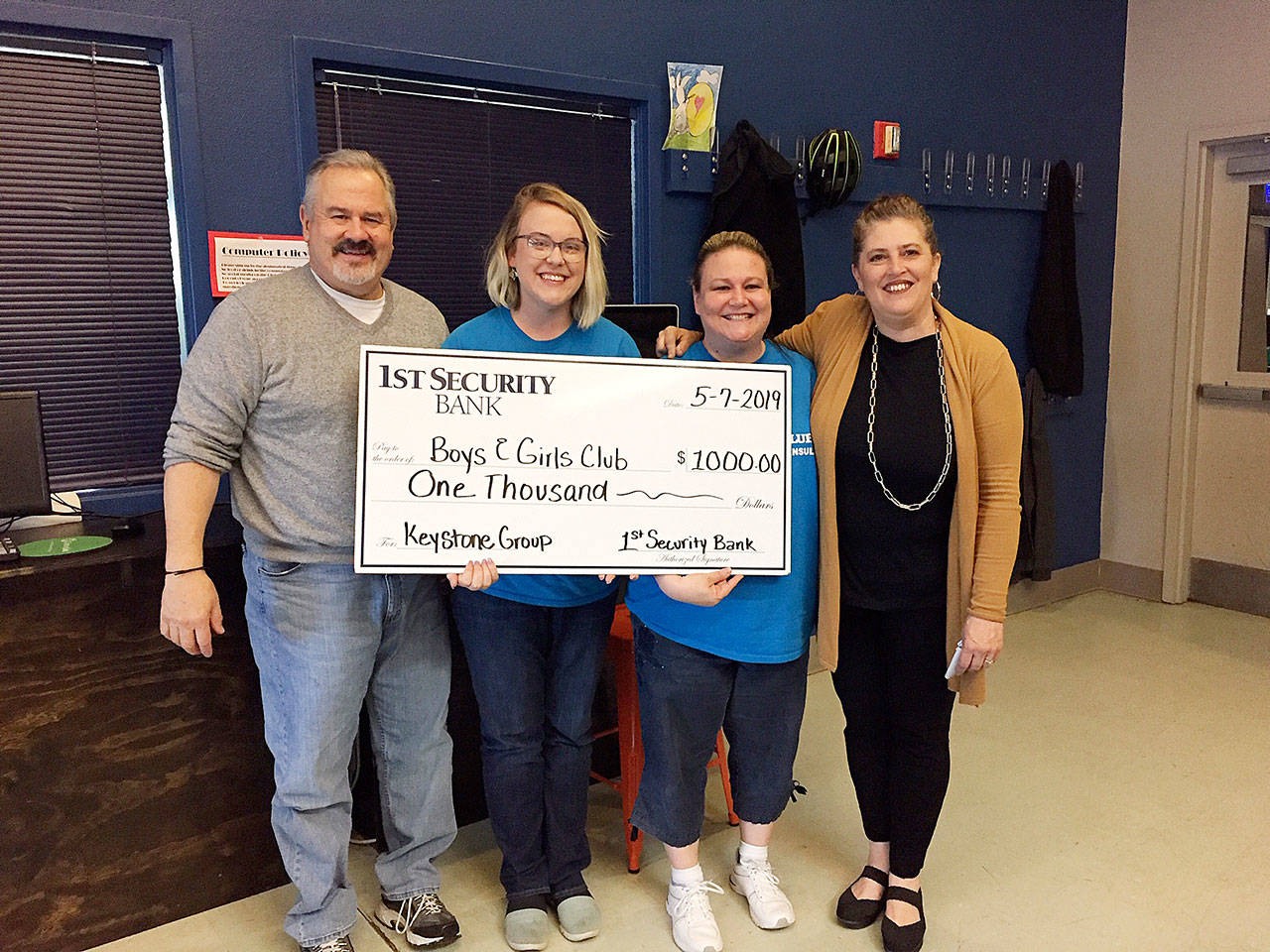 Pictured, from left, are: Dave Miller, Sequim Boys & Girls Club Unit Director; Kylie Douglas, Boys & Girls Club Teen Club Coordinator; Tessa Jackson, Boys & Girls Club Program Director, and Ann Jagger, 1st Security Bank Branch Manager. Submitted photo