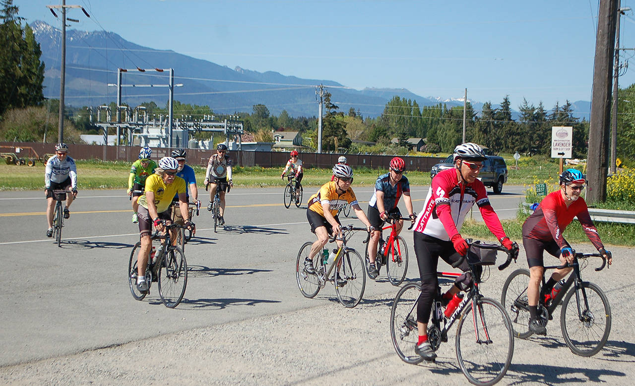 Members of the Olympic Peninsula Bicycle Alliance and the Sequim Easy Riders arrive at Agnew Grocery during one of their weekly group rides. Sequim Gazette photo by Conor Dowley.