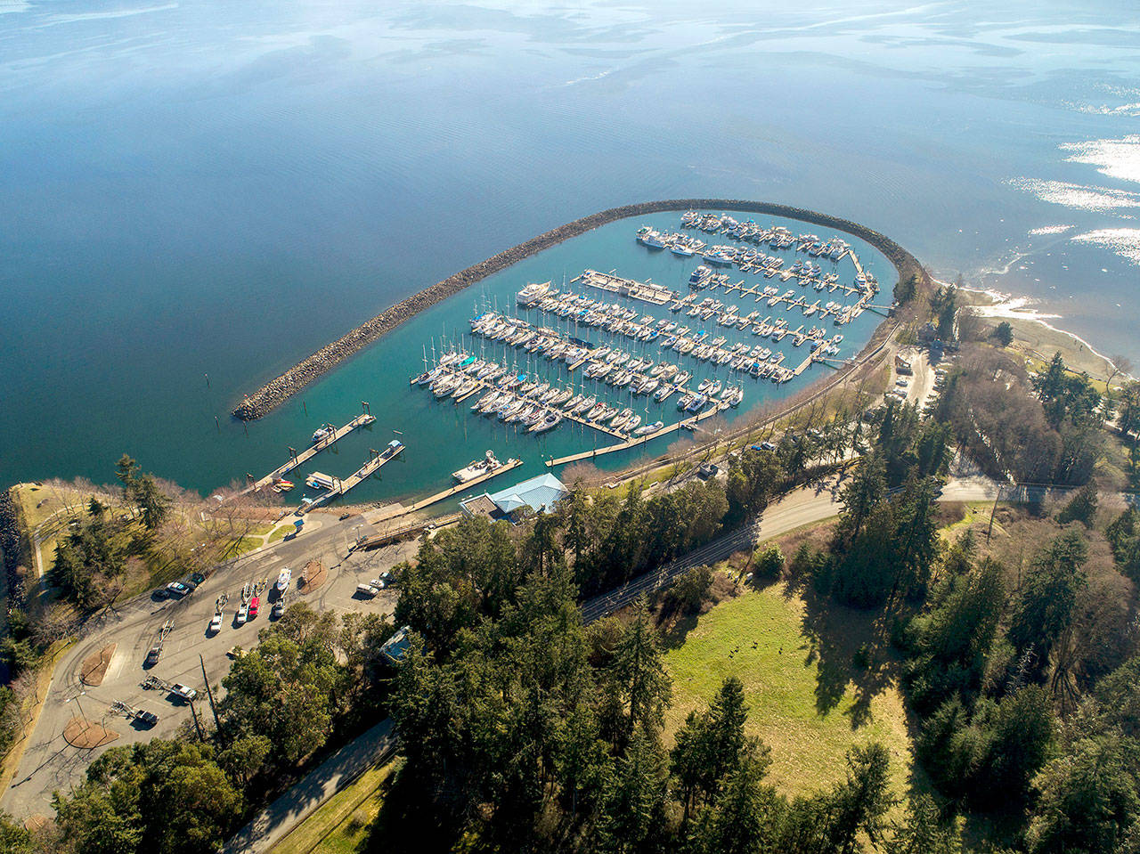The future of the John Wayne Marina, seen here from the air, is under evaluation both by the city of Sequim and the Jamestown S’Klallam Tribe. Photo by John Gussman