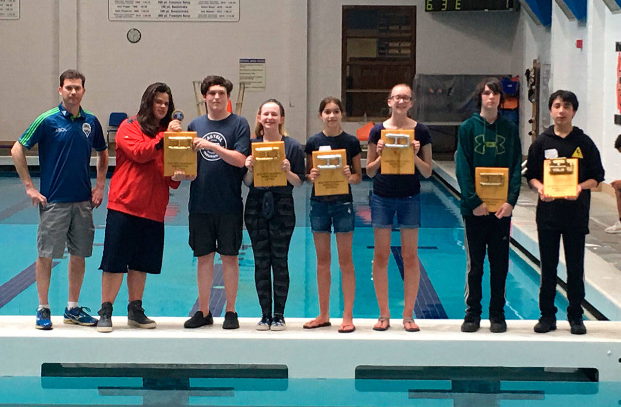 Sequim Middle School’s first and second place team from Regional Seaperch Competition — “Some Float … Some Don’t” — are headed to Maryland after qualifying for the national competition. Pictured, from left, are teacher Caleb Gentry, Finn Marlow, Desmond Tippins, Ruby Coulson, Kari Olson, Julia Jeffers, Cameron Constant and Garrett Barr. Submitted photo