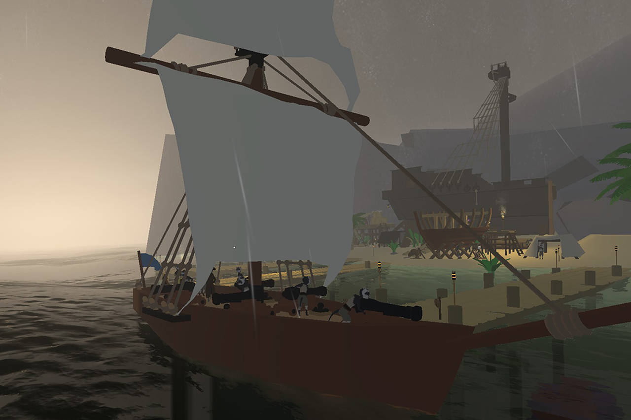 A small ship docks for trade in Ferret Scoundrels. Screenshot taken by Conor Dowley.