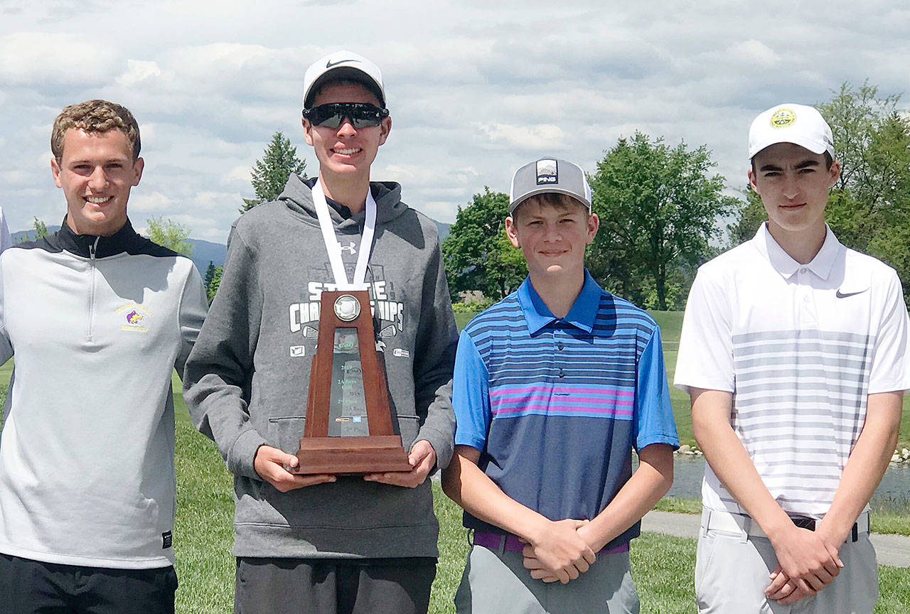 Sequim High School’s boys golf team celebrates a second place finish at the class 2A state golf tournament at Liberty Lake Golf Course on May 22. Pictured, from left, are Liam Payne, Blake Wiker, Ben Sweet and Paul Jacobsen. Photo courtesy of Karla Wiker