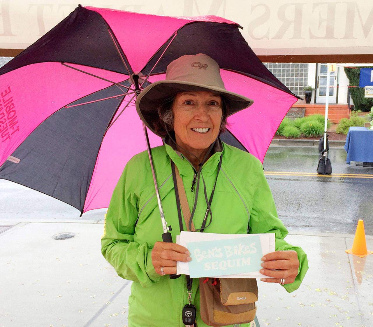 Congratulations! Marti Campbell won the Sequim Farmers Market bike day raffle. She received a free bike tune-up from Ben’s Bikes. She biked 7.5 miles to the market on May 11. Photo courtesy of Sequim Farmers Market