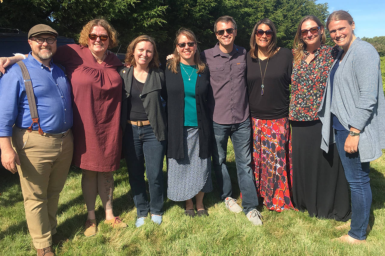 Former Five Acre School owners Brian Walsh and Autumn Piontek-Walsh, left, stand with the members of the new non-profit school board. From third left: Kristin Smith, Susan Craig, Jason Cline, Heidi VanDenberg, Allison Mahaney. Photo submitted.