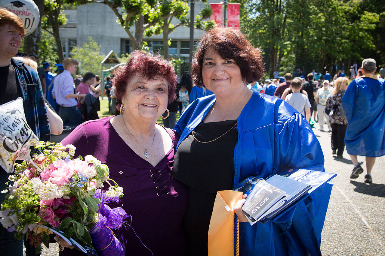 Tawni (Borden) Andrews, right, stands with her mom Tawana after graduating from South Puget Sound Community College on June 15. Andrews was the Class of 2019 speaker and plans to pursue a career as a chef. Photo by South Puget Sound Community College