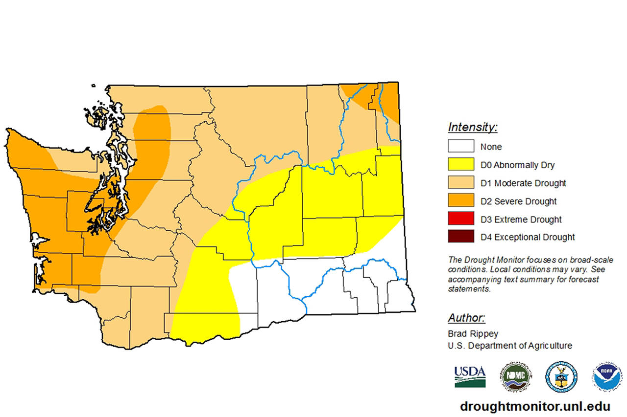 The most recent USGS drought monitoring map released July 18, showing Sequim and eastern Clallam County as being considered under moderate drought conditions, with the rest of the county considered under severe drought. The most current chart can be found at droughtmonitor.unl.edu/CurrentMap/StateDroughtMonitor.aspx?WA. Map/graph courtesy of U.S. Dept. of Agriculture