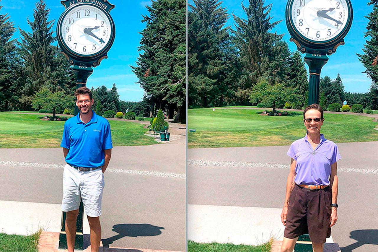 Eric Bower was the winner of the Clallam County Amateur with a three-round score of 222, beating Michael Dupuis by three strokes. Marine Hirschfeld (right) won the net championship with a 206, winning by one stroke over Harry Phillips. Submitted photos