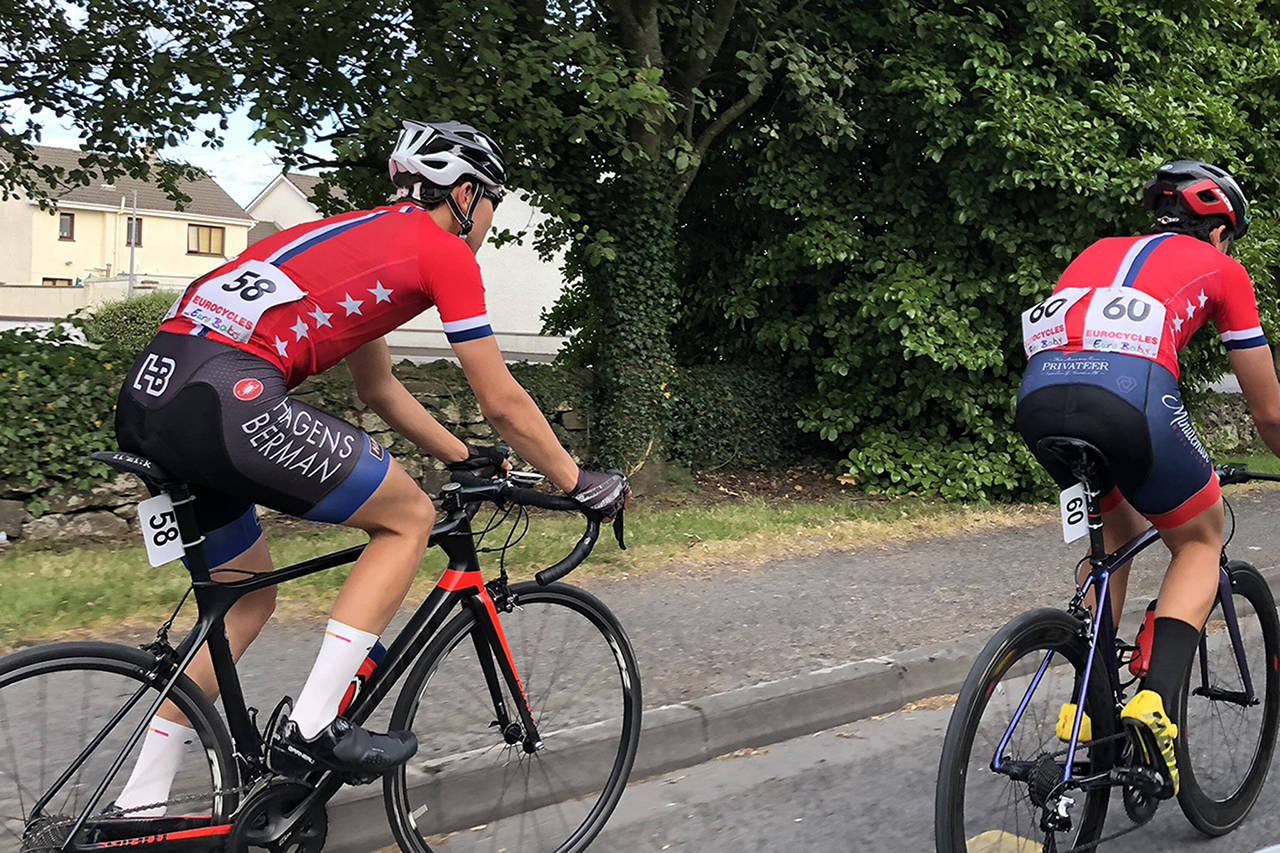 Liam Barber, number 58 on the left, cycles with Team USA West ID Talent teammate Dernn Iscan in County Clare, Ireland during a stage race of the Junior Tour of Ireland event in July. Submitted photo