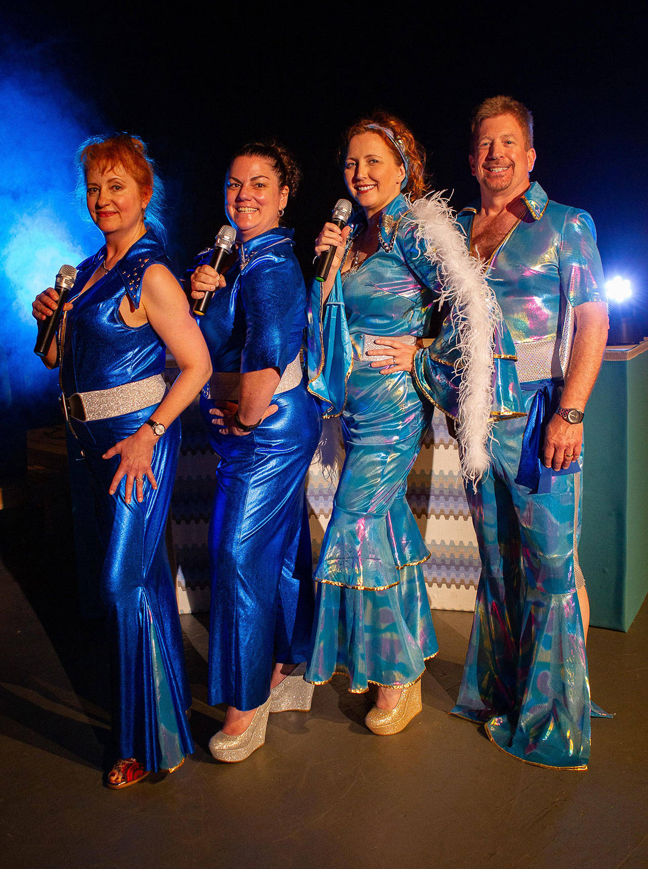ABBA’s hit music comes to life for three weeks in “Mamma Mia!” starring, from left, Angela Poynter (as Tanya), Jennifer Saul (Rosie), Cecie McClelland (Donna), and John Lorentzen (Sam). Photo by Bob Spink