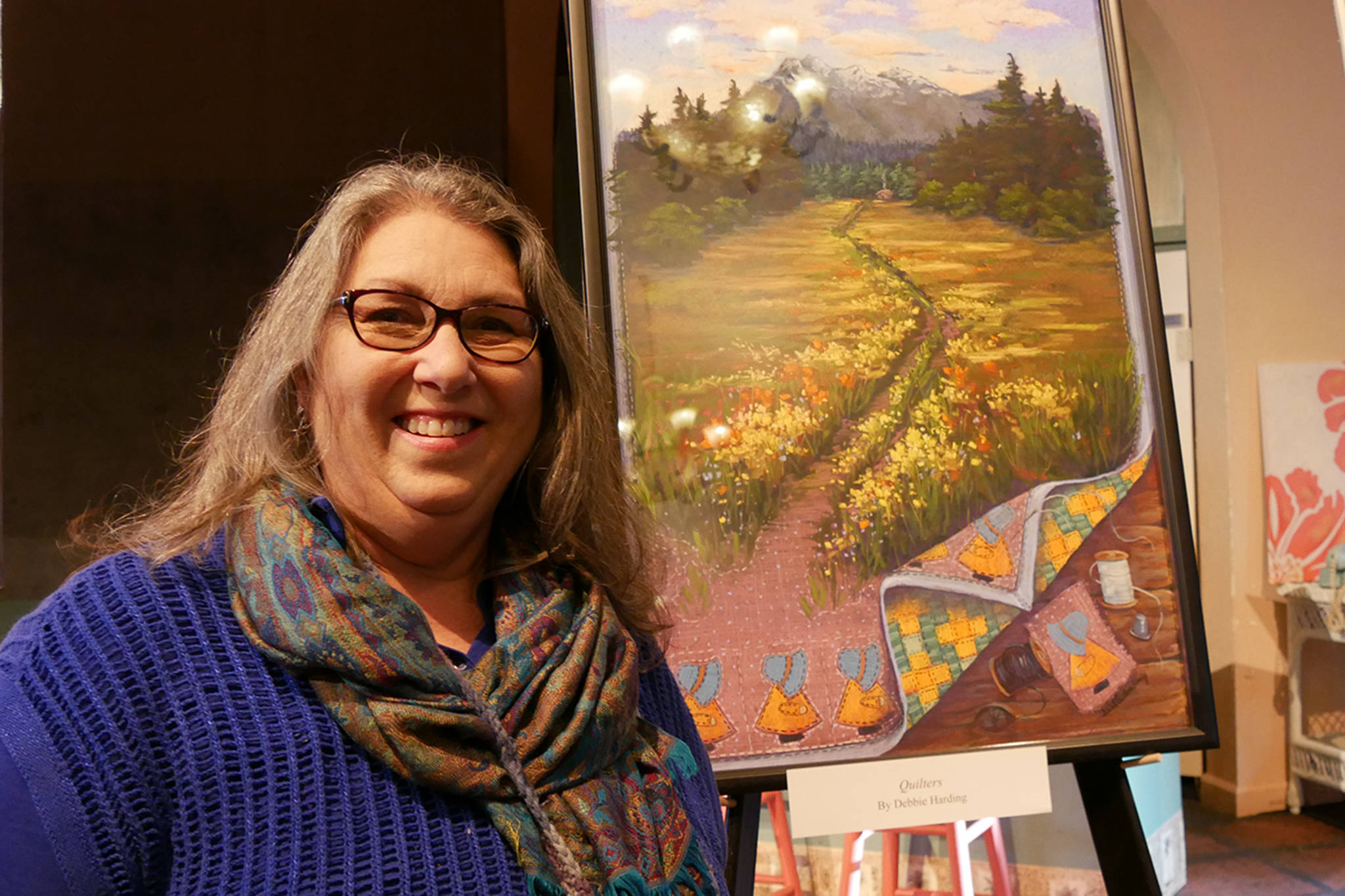 Debbie Harding with her work for Quilters at Olympic Theatre Art’s Season Unveiling event in June. Photo submitted.