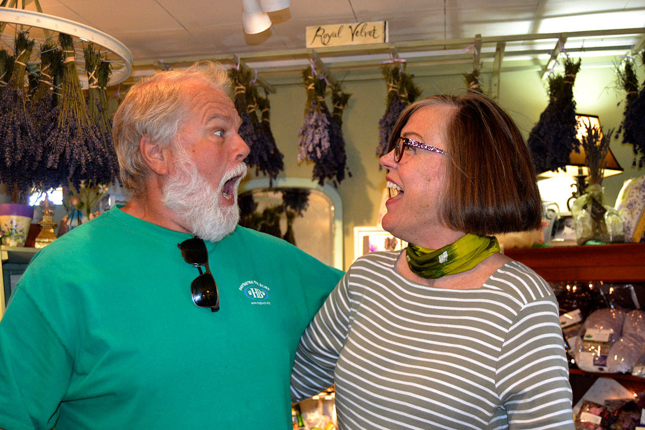 Opera singers Robin Reed and Louise Pluymen, seen here in Cedarbrook Lavender Gift Shop, reunited on July 20 after 39 years. The Sequim residents were two of 11 Metropolitan Opera National Council Auditions finalists. The singers even sang a duet in the finals. Sequim Gazette photo by Matthew Nash