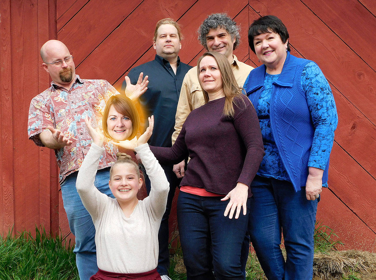 Joining the hovering head of Marybeth Redmond are Imagined Reality improv players (from left) Tyler Weaver, Rose Weaver (kneeling), Andrejs Zommers, Michelle Allen, Patrick Ryan and Nancy Peterson. The Bainbridge Island-based troupe visits Sequim’s Olympic Theatre Arts on Aug. 10. Submitted photo