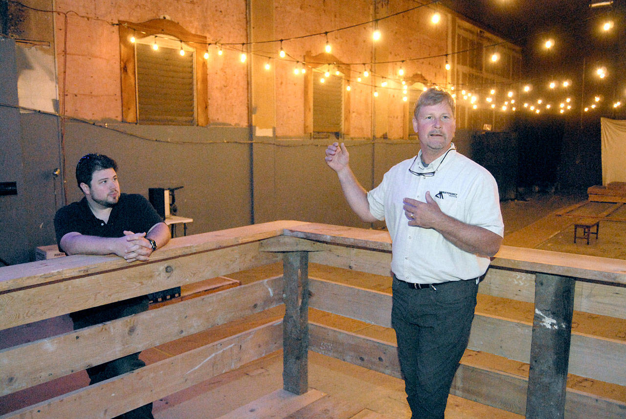 Lincoln Theater co-owner Marty Marchant, right, speaks about an agreement to provide a permanent home for Ghost Light Productions as Ghost Light founder Mark Lorentzen, left, listens. (Keith Thorpe/Peninsula Daily News)