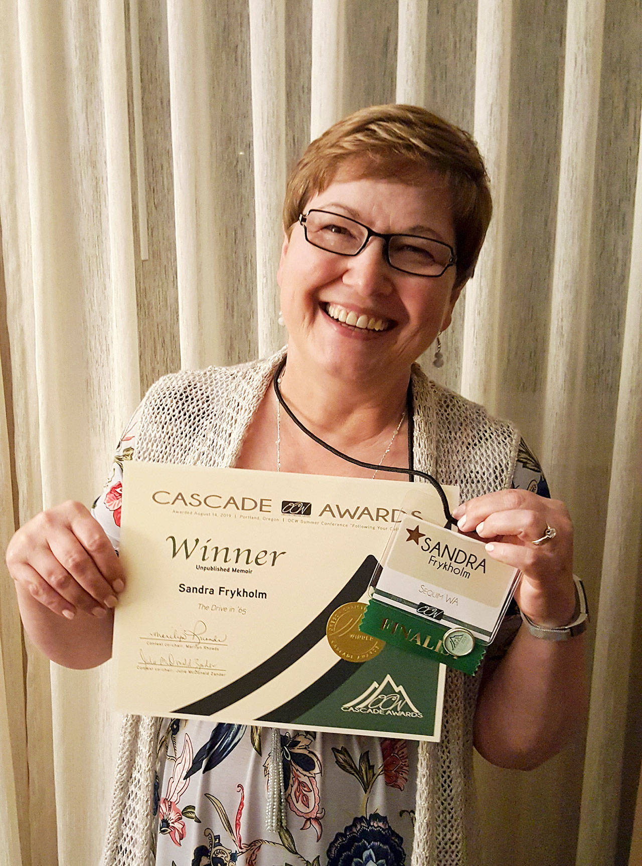 Sandy Frykholm of Sequim recently received a Cascade Award by the Oregon Christian Writers group for her memoir “The Drive in ‘65.” Submitted photo