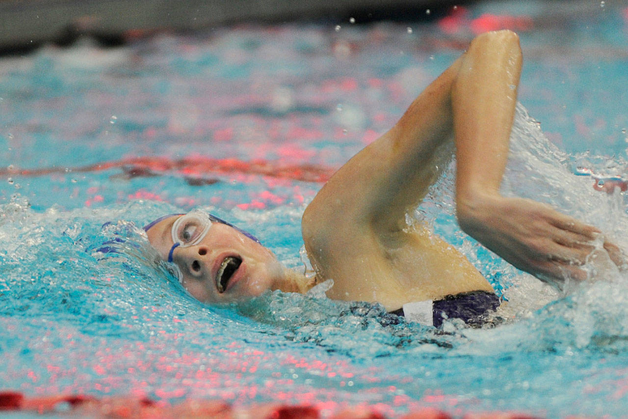 Sequim’s Mia Coffman swims in the 200 free against North Kitsap in October. Coffman qualified for state in both 200 and 500 free events as a freshman, earning two top-five finishes. Sequim Gazette file photo by Michael Dashiell