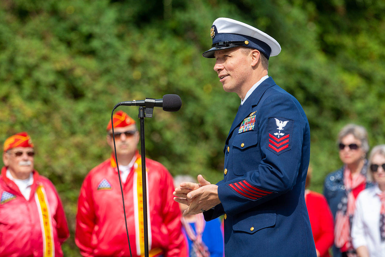 U.S. Coast Guard Petty Officer First Class Sam Allen speaks during a ceremony in Port Angeles honoring public safety officials on the 18th anniversary of the 9/11 terrorist attacks Wednesday. (Jesse Major/Peninsula Daily News)