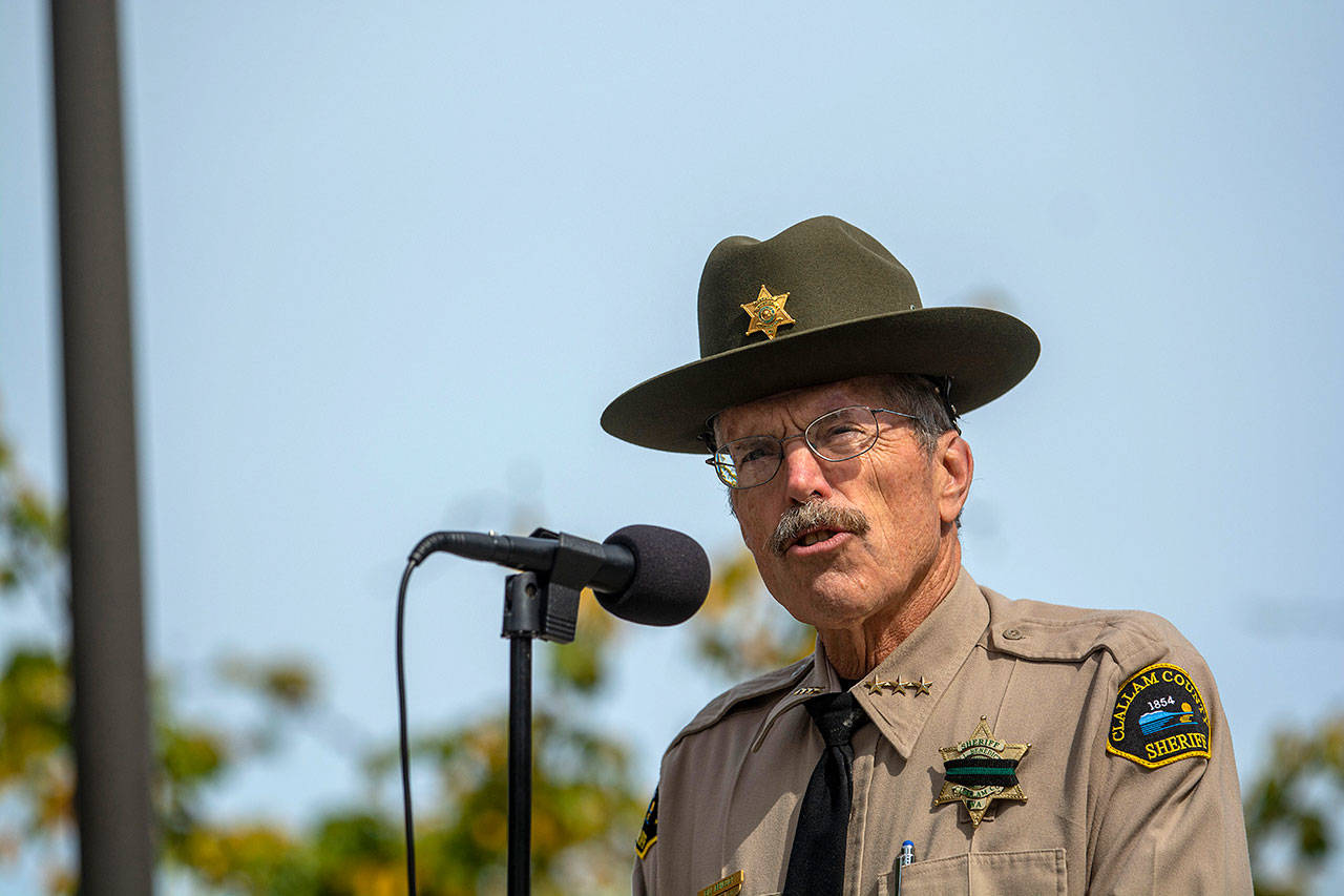 Clallam County Sheriff Bill Benedict speaks during a ceremony in Port Angeles honoring public safety officials on the 18th anniversary of the 9/11 terrorist attacks Wednesday.